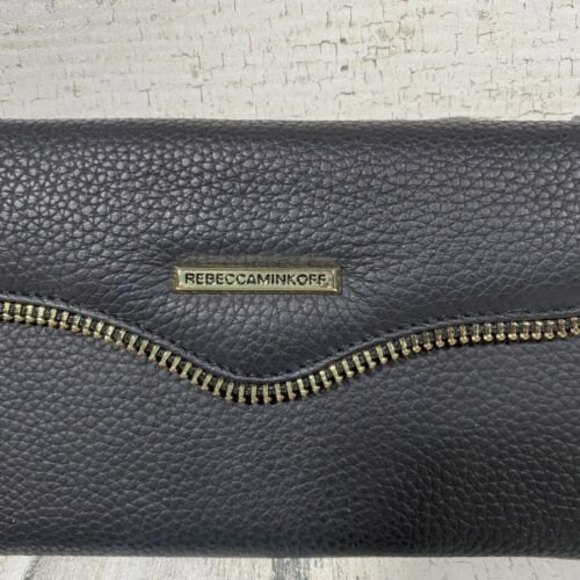 Rebecca Minkoff Cell Phone Wallet Black Pebbled Leather Wristlet Clutch Gold Zip - Picture 2 of 4